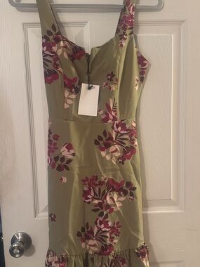 Olive Green Floral Midi Dress with Pink Floral Accents